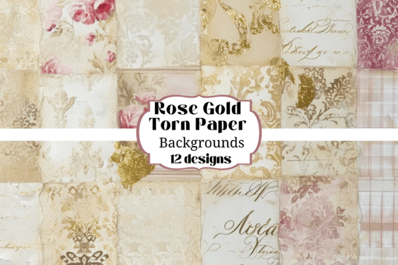 Elevate Your Projects with 12 Rose Gold Pink Torn Paper Backgrounds